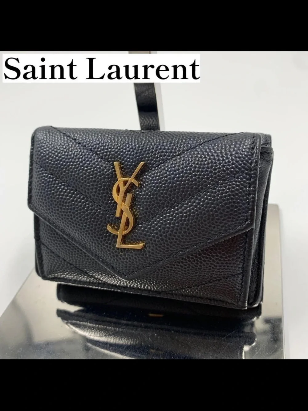 Saint Laurent Black Chevron Quilted Leather Card Case with Gold YSL